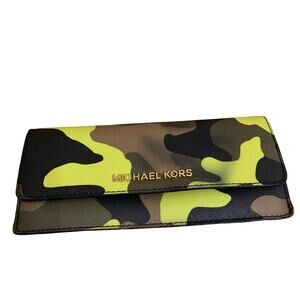 MICHAEL KORS Green/Black/Acid Yellow Camouflage CAMO Envelope Snap Wallet